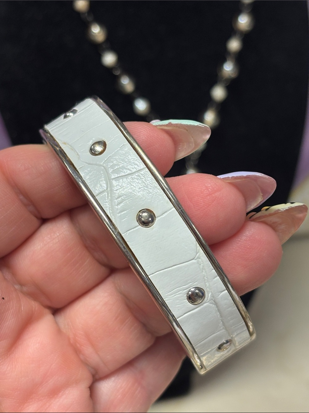 White Croc-Embossed Studded Bangle Bracelet